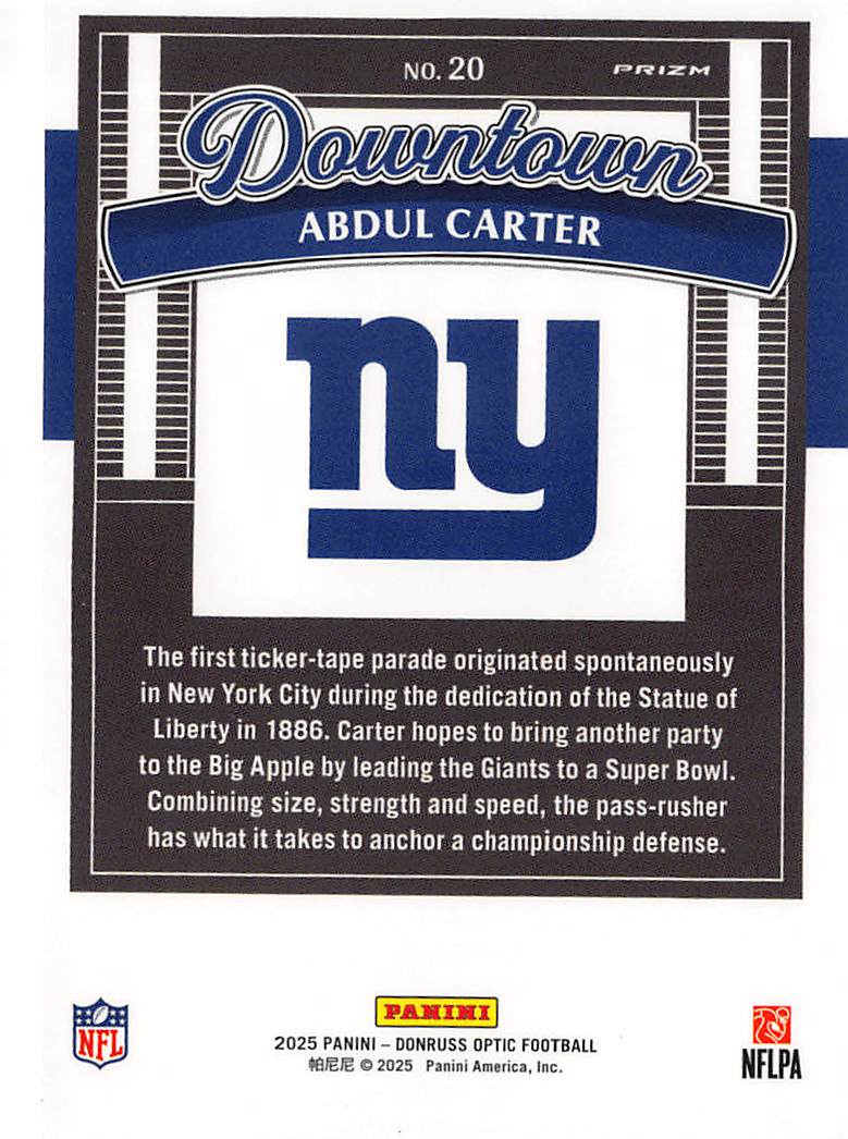 2025 Panini Donruss Optic Downtown Abdul Carter Rookie RC #20 New York Giants