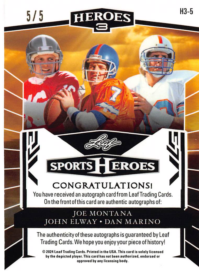 2024 Leaf Sports Heroes Joe Montana John Elway Dan Marino Pink Autograph /5 H3-5