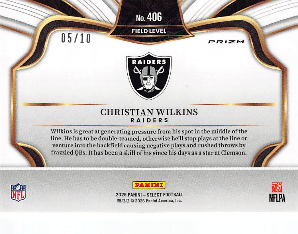 2025 Panini Select Christian Wilkins Gold /10 #406 Las Vegas Raiders