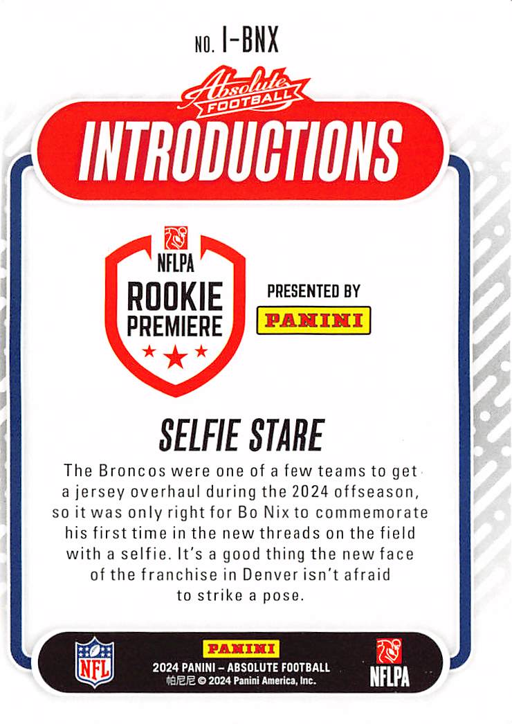 2024 Panini Absolute Football Introductions Bo Nix Rookie #I-BNX Denver Broncos