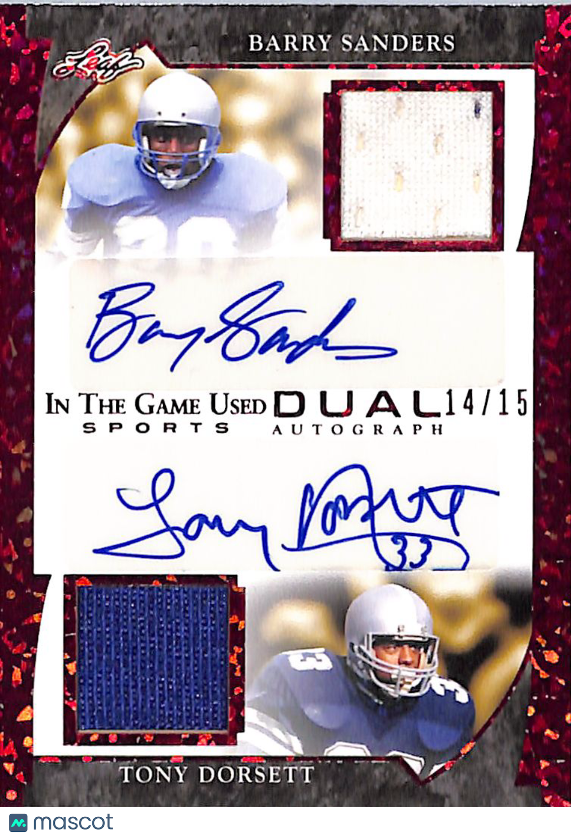 2022 Leaf In The Game Tony Dorsett Barry Sanders /15 Dual Autograph Patch GDA-04