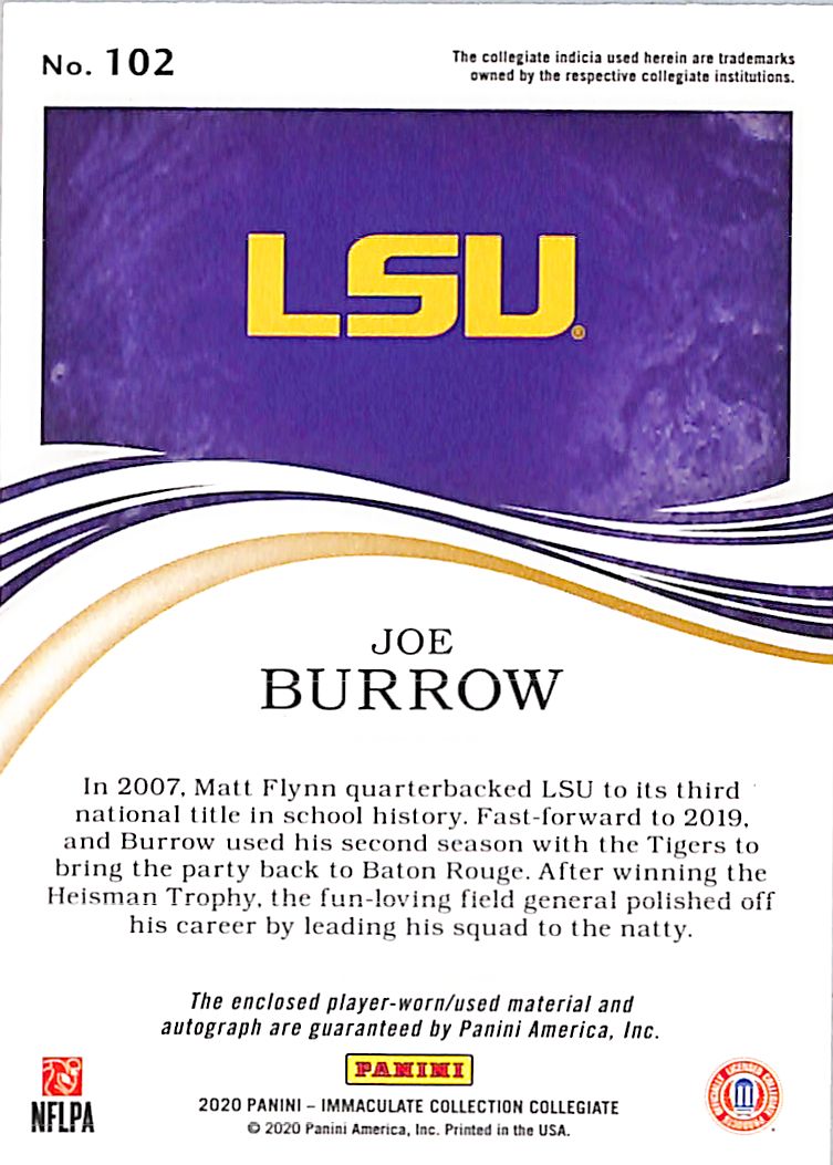 2020 Immaculate Collection Collegiate Joe Burrow Auto /10 Rookie Patch #102 LSU