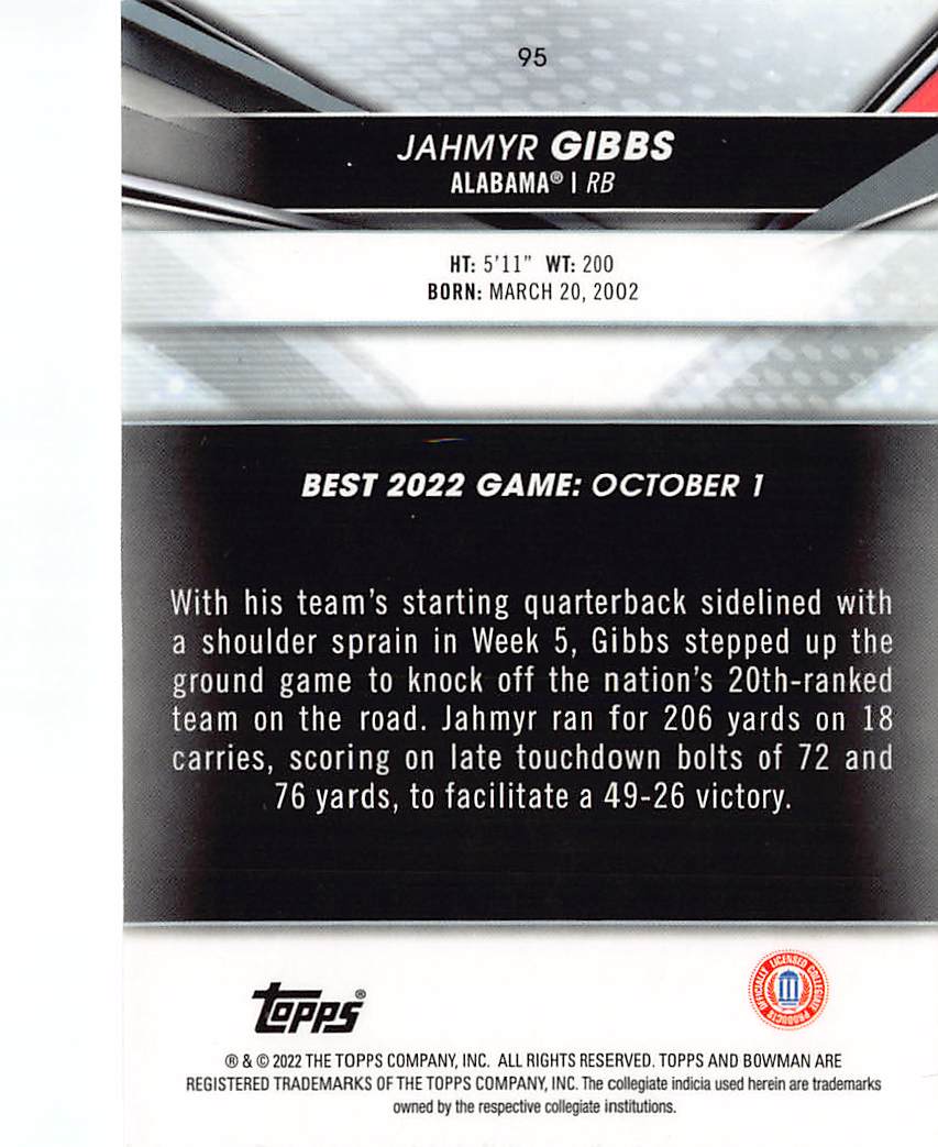 2022 Bowman University Jahmyr Gibbs Rookie #95 Alabama Crimson Tide