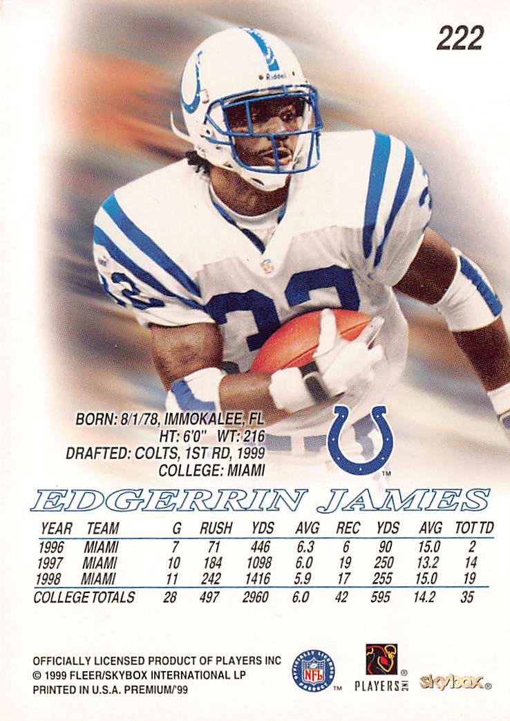 1999 SkyBox Premium Edgerrin James Rookie #222 Indianapolis Colts