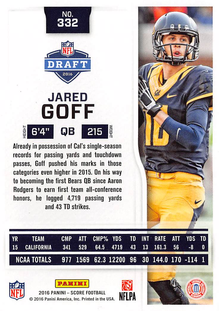 2016 Panini Score Football Jared Goff Rookie RC #332 California Golden Bears