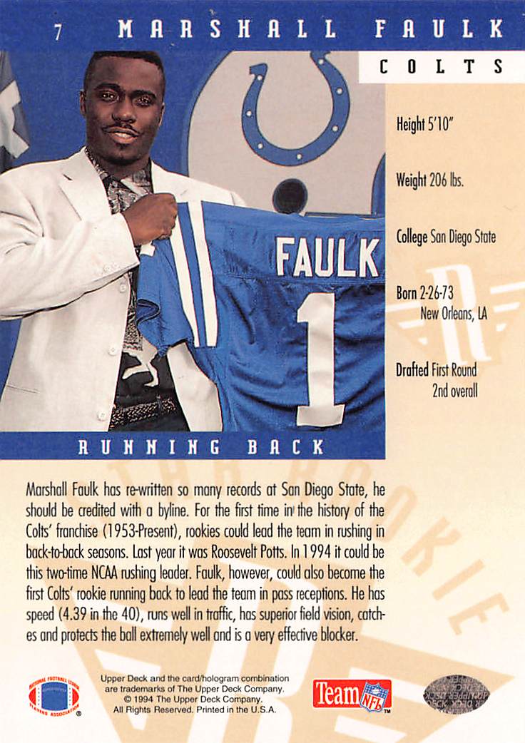 1994 Upper Deck Marshall Faulk Rookie #7 Indianapolis Colts