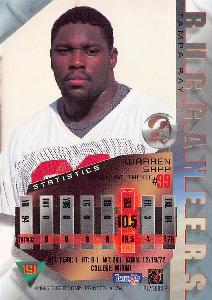 1995 Fleer Warren Sapp Rookie #191 Tampa Bay Buccaneers