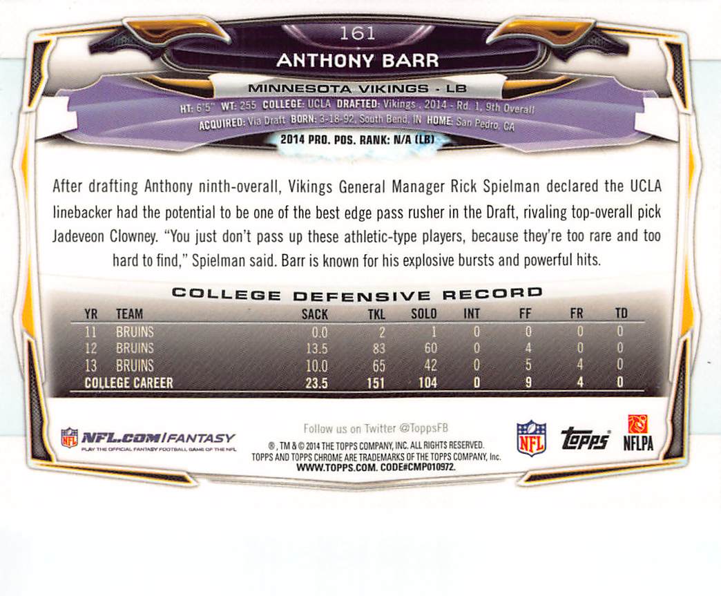 2014 Topps Chrome Anthony Barr Xfractor Refractor Rookie RC #161 Minnesota Vikings