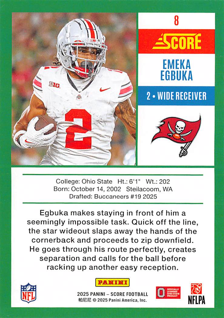 2025 Panini Score Football Emeka Egbuka Rookie #8 Tampa Bay Buccaneers