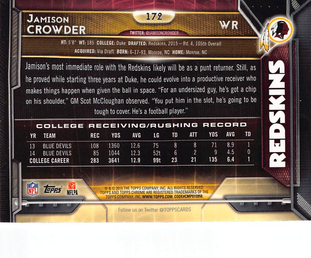 2015 Topps Chrome Jamison Crowder Rookie #172 Washington Redskins
