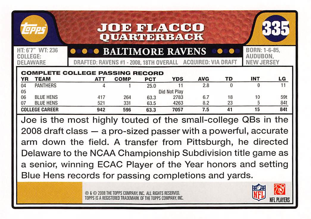 2008 Topps Joe Flacco Rookie RC #335 Baltimore Ravens