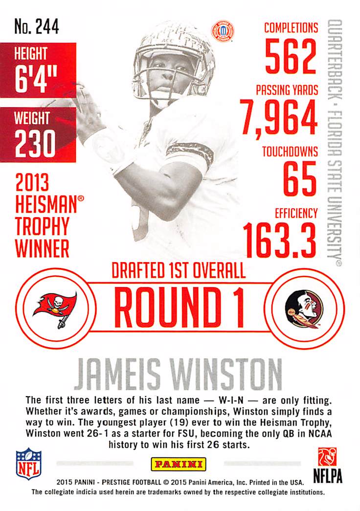 2015 Panini Prestige Jameis Winston Rookie #244 Tampa Bay Buccaneers