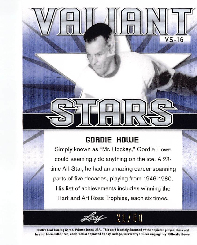 2020 Leaf Valiant Best of Sports Stars Gordie Howe Orange /50 #VS-16