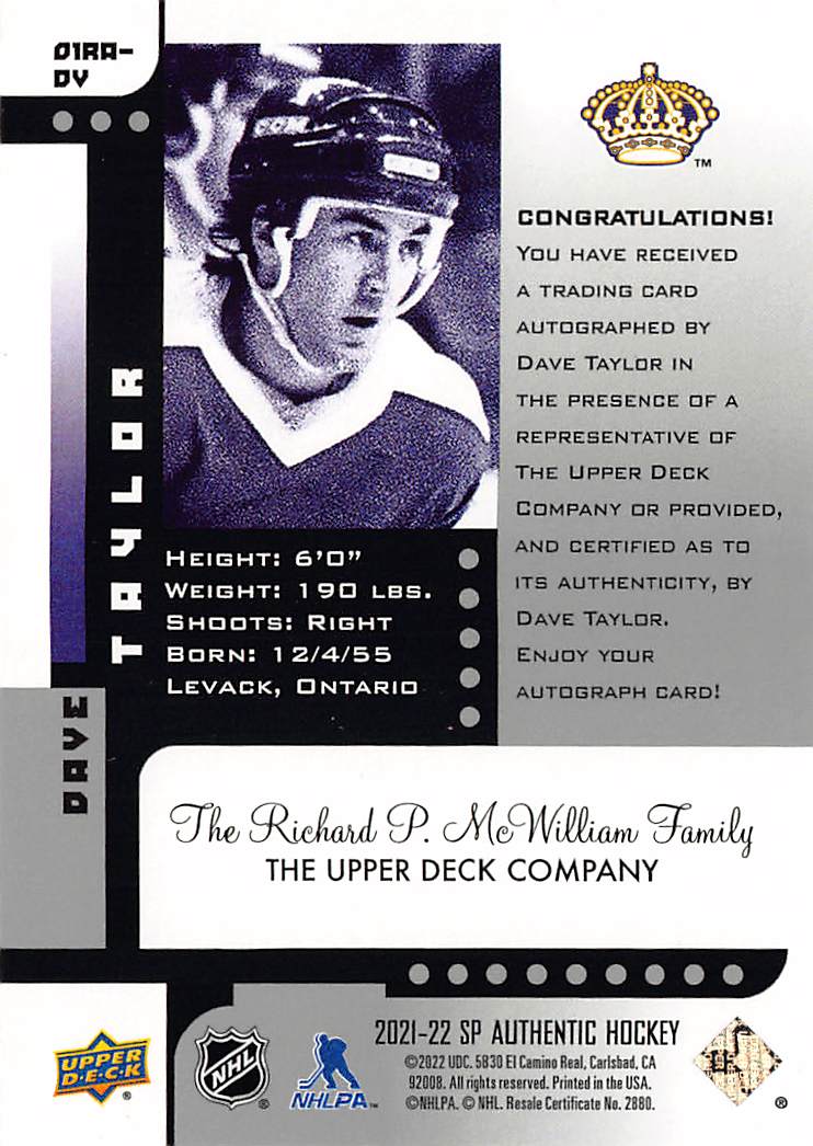 2022 Upper Deck SP Authentic Dave Taylor Auto /199 #SIRA-DT Kings