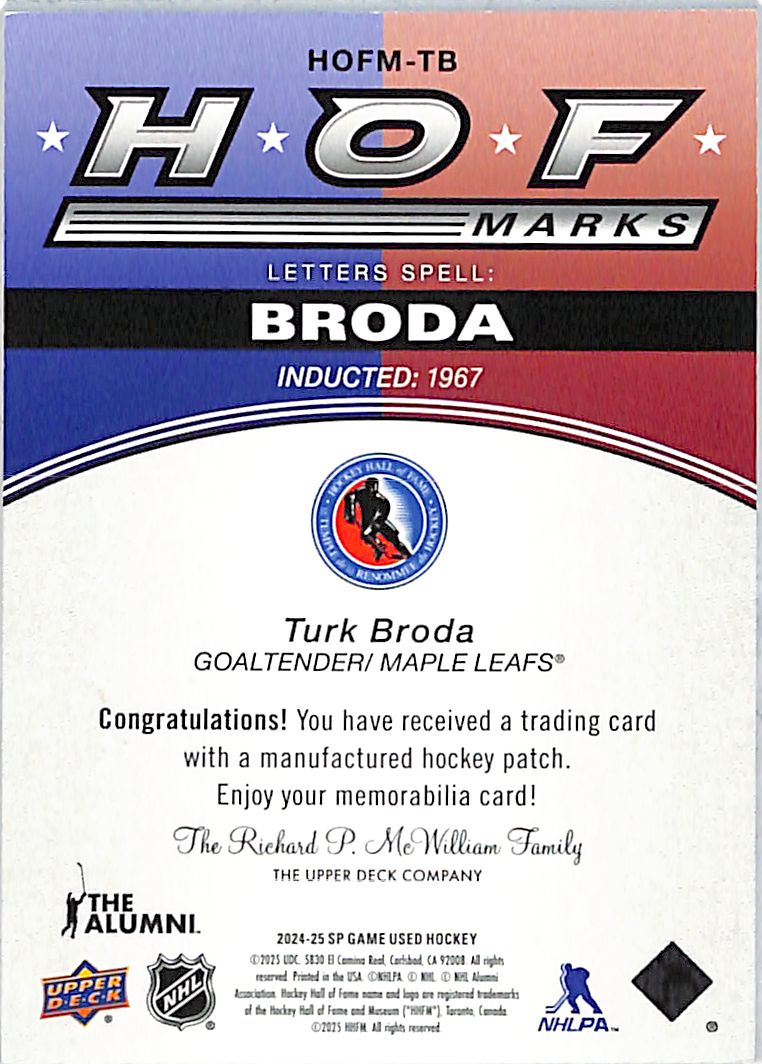 2024-25 SP Game Used HOF Marks Turk Broda Letterman /35 Patch #HOFM-TB