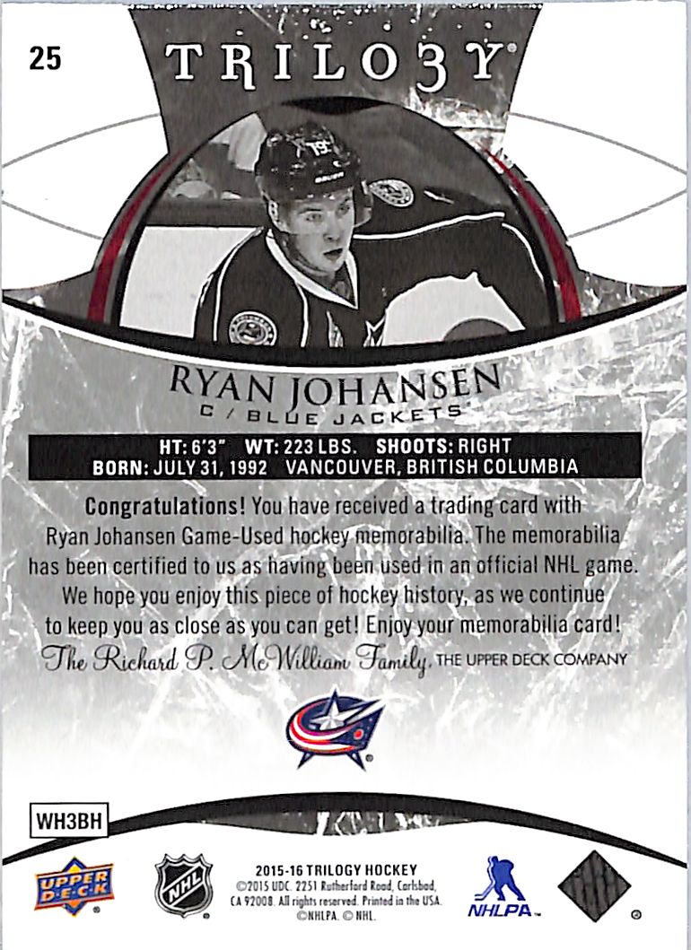 2015-16 Upper Deck Trilogy Ryan Johansen /45 Patch #WH3BH Blue Jackets