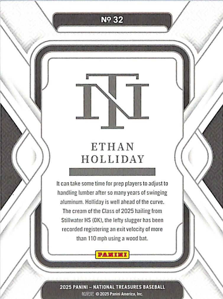 2025 Panini National Treasures Baseball Ethan Holliday /49 Rookie #32 Rockies