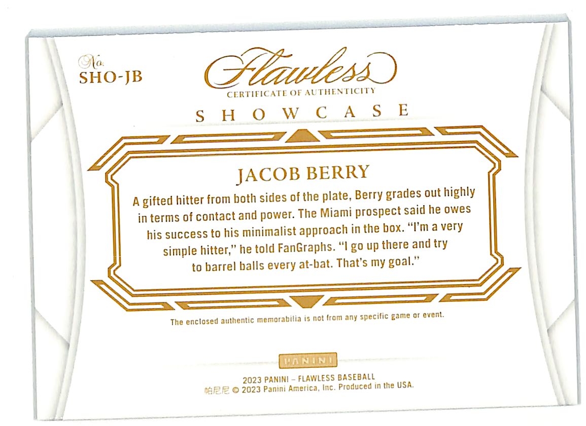 2023 Panini Flawless Showcase Jacob Berry /20 Rookie Patch #SHO-JB Miami Marlins