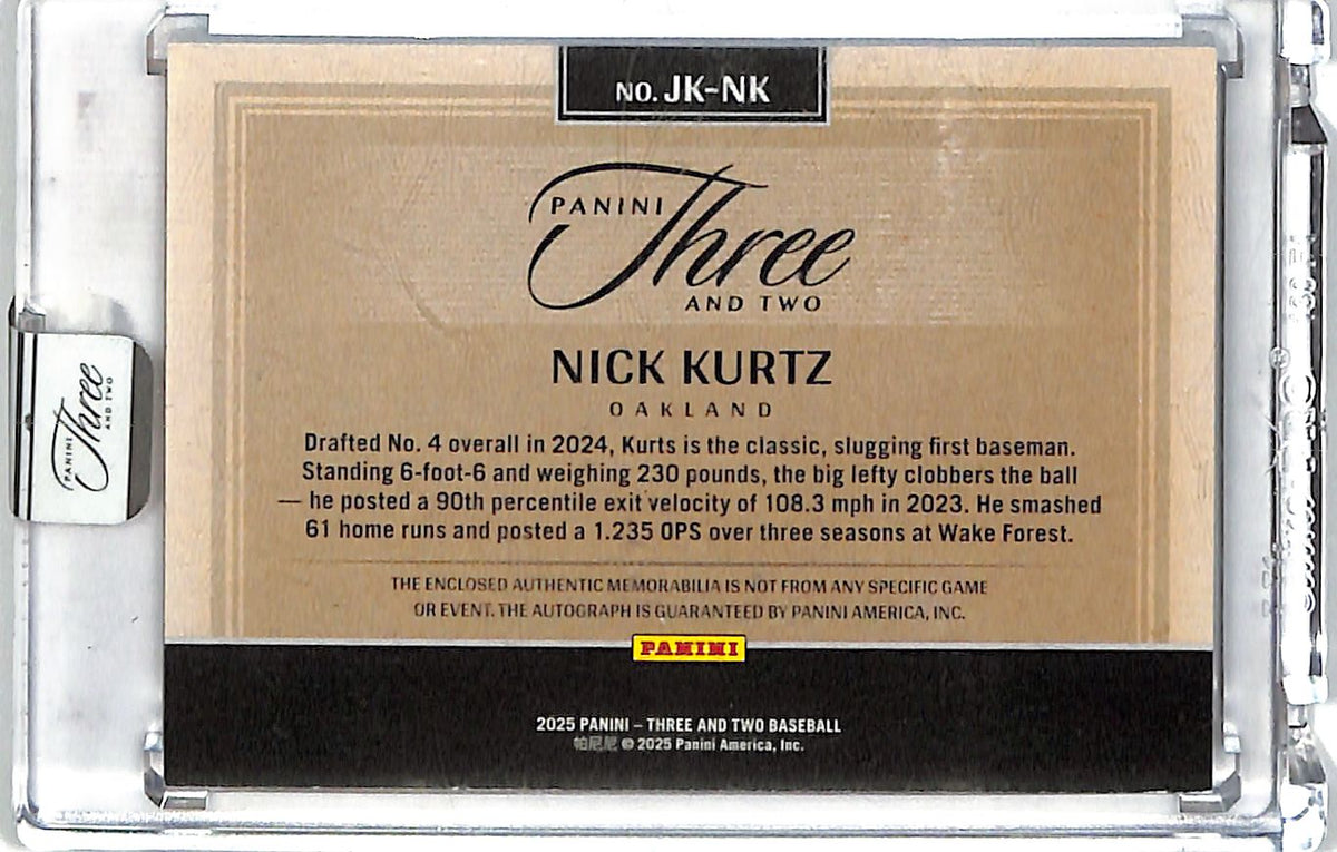 2025 Panini Three and Two Nick Kurtz /49 Rookie Autograph Patch #JK-NK Athletics