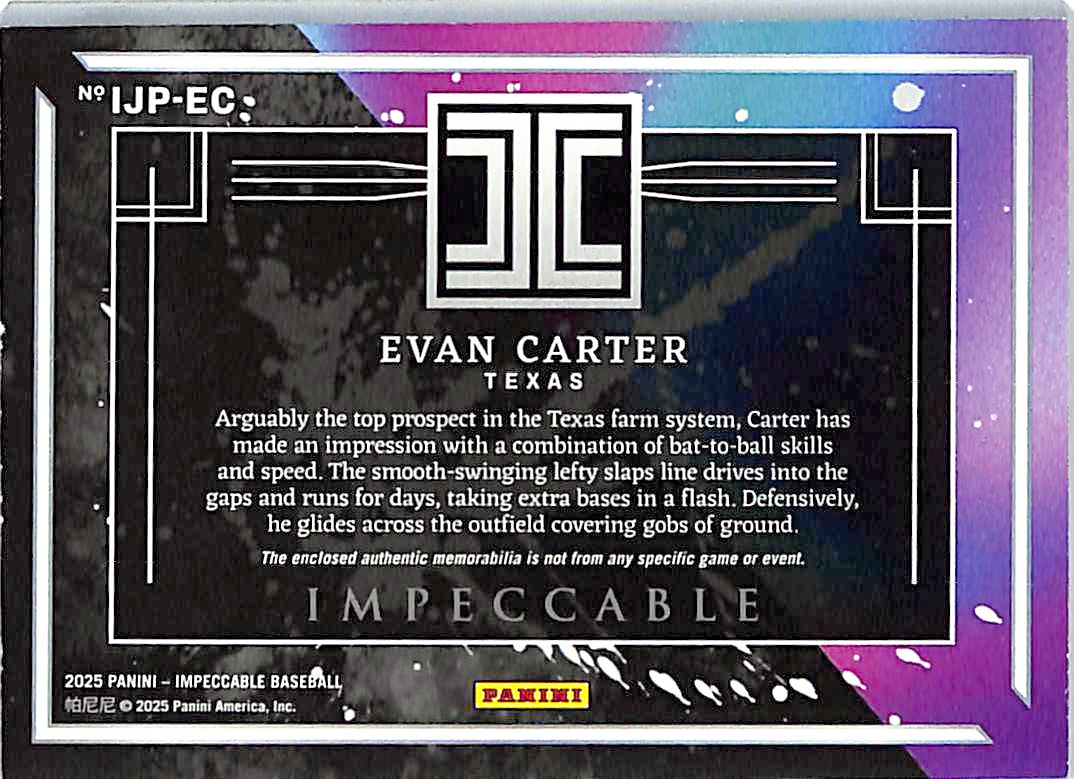 2025 Panini Impeccable Evan Carter /6 Fielding Gloves Patch #IJP-EC Rangers