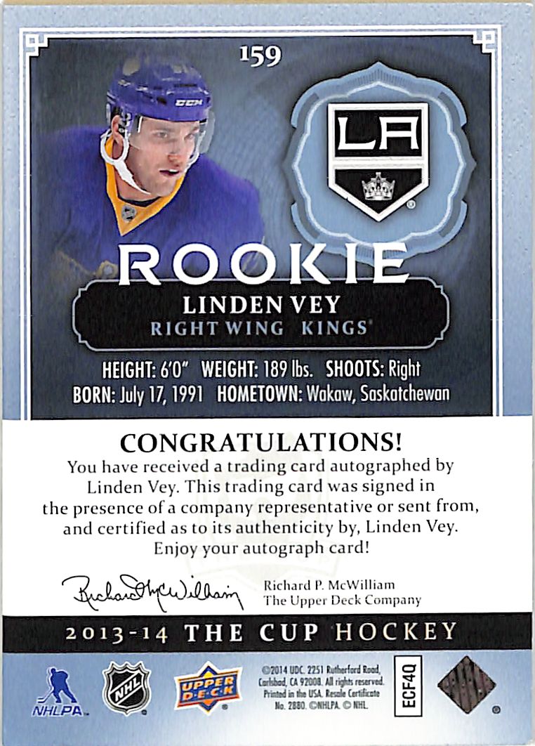 2013-14 Upper Deck The Cup Linden Vey Rookie Autograph Gold /25 #159 Kings