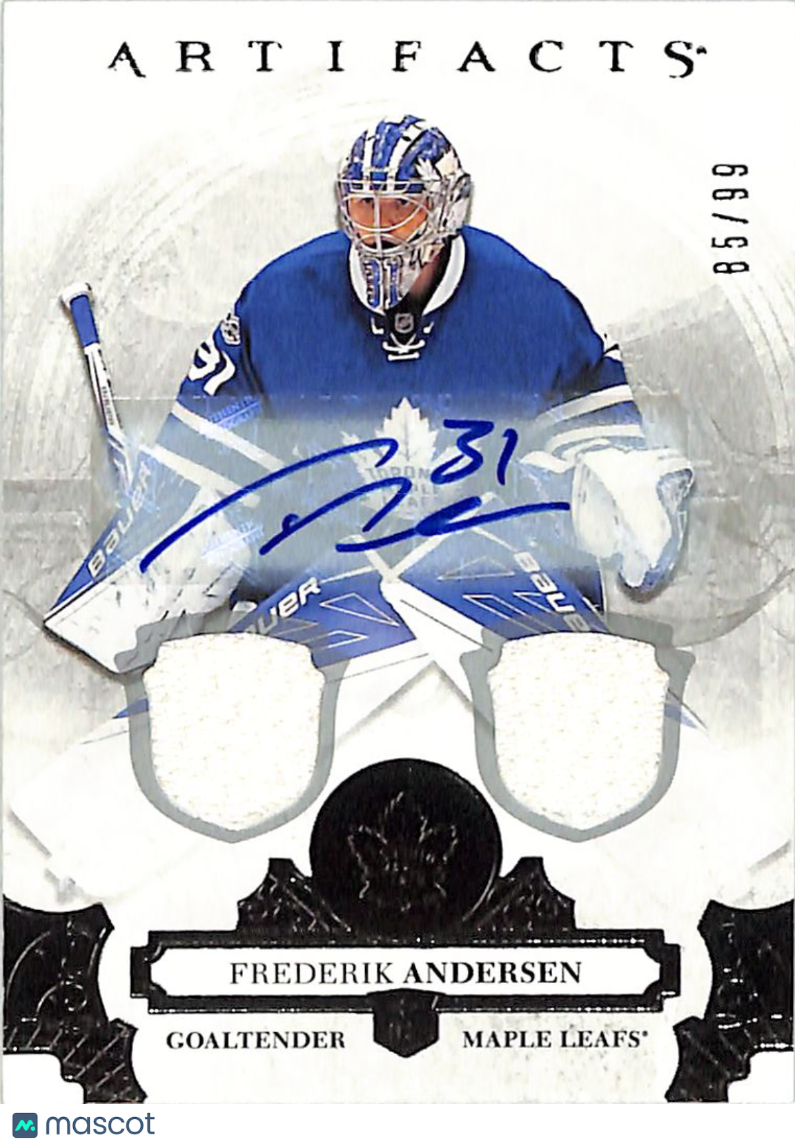 2017-18 Upper Deck Artifacts Frederik Andersen /99 Jersey Auto #50 Maple Leafs