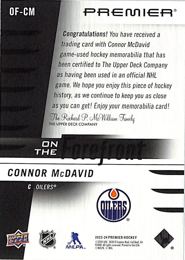 2023-24 Upper Deck Premier On the Forefront Connor McDavid /199 Jersey #OF-CM