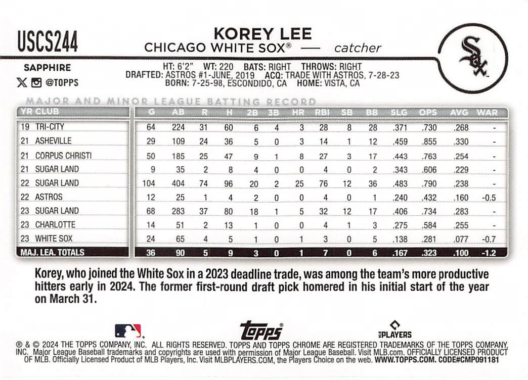 2024 Topps Chrome Sapphire Korey Lee Black /10 #USCS244 Chicago White Sox