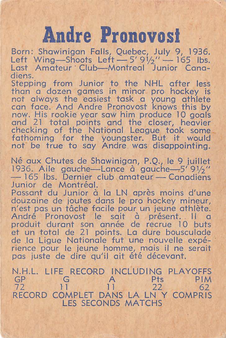 1957 Parkhurst Andre Pronovost Montreal Canadiens