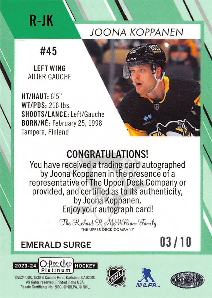 2023-24 O-Pee-Chee Platinum Joona Koppanen Emerald Surge Auto /10 Rookie #R-JK