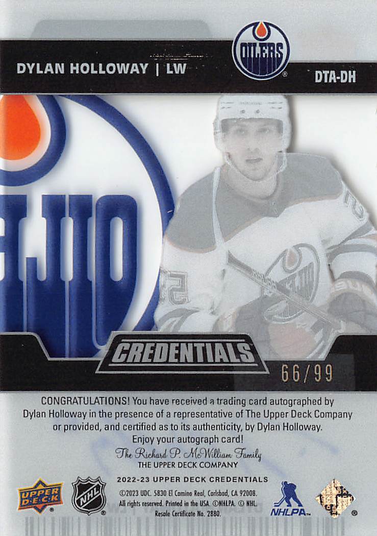 2022-23 Upper Deck Credentials Debut Ticket Dylan Holloway Acetate Auto /99 #DH