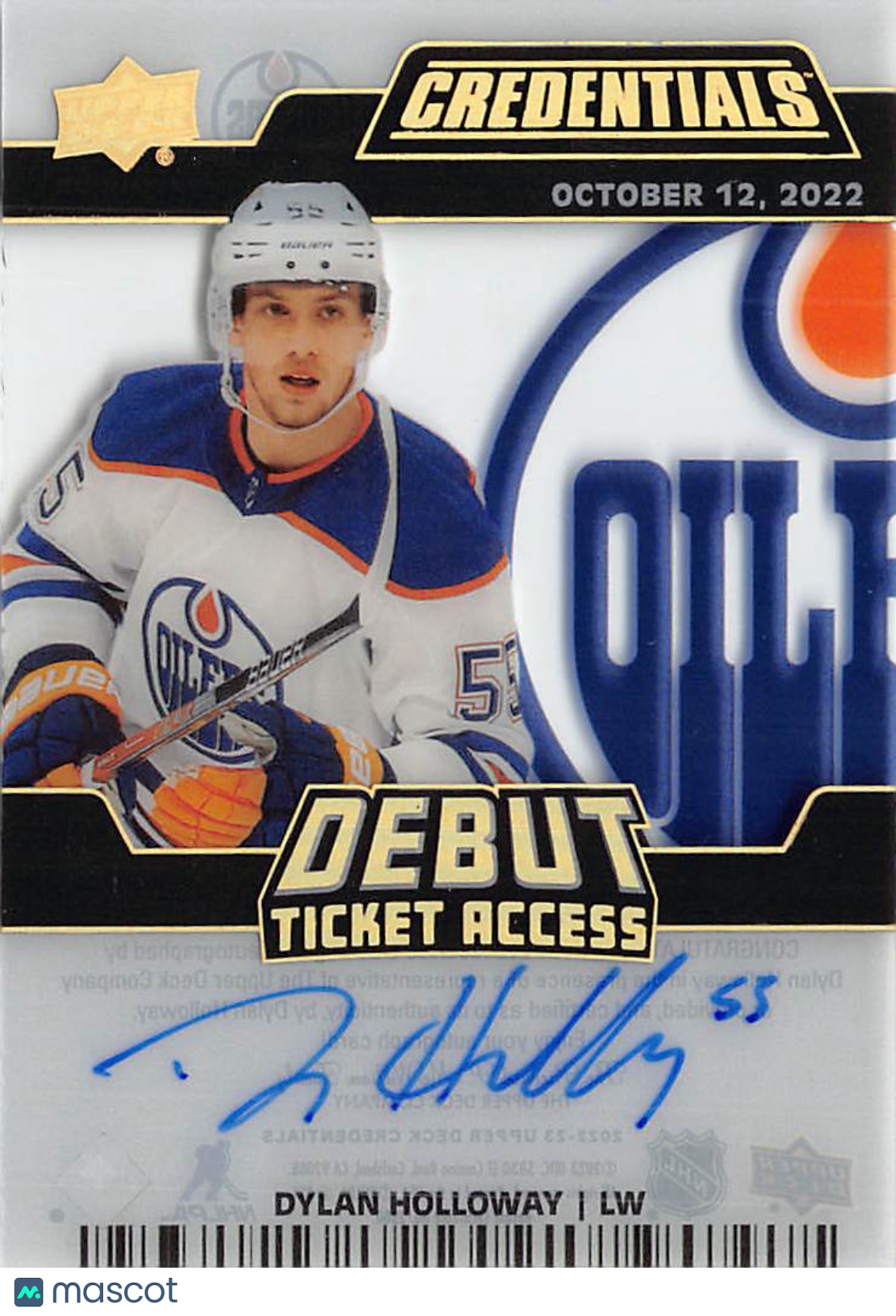 2022-23 Upper Deck Credentials Debut Ticket Dylan Holloway Acetate Auto /99 #DH