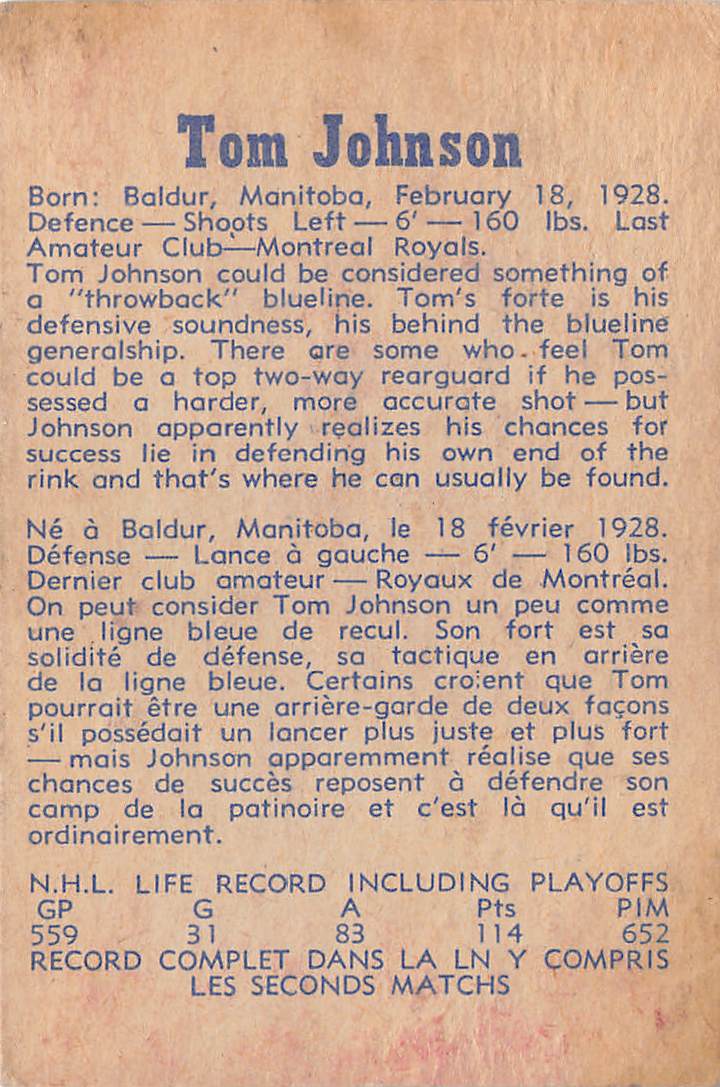 1957 Parkhurst Tom Johnson Montreal Canadiens