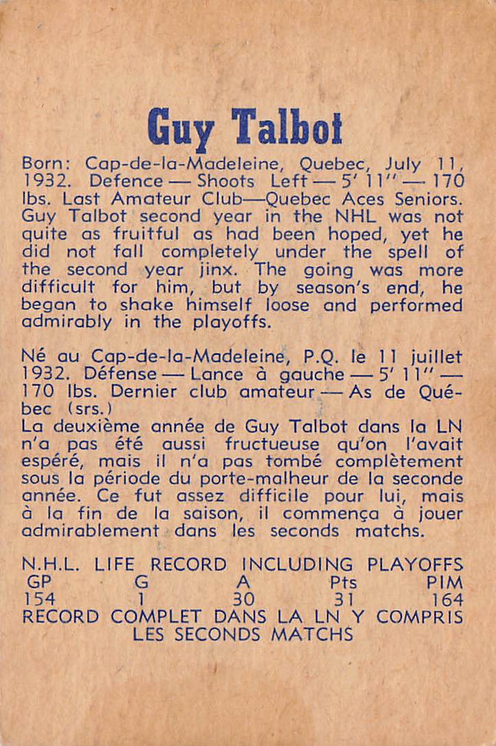 1957 Parkhust Jean-Guy Talbot #9 Montreal Canadiens