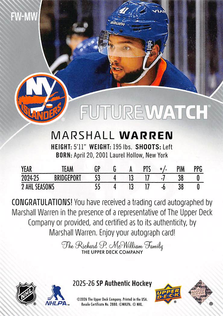 2025-26 SP Authentic Marshall Warren Future Watch Auto /999 Rookie #MW Islanders