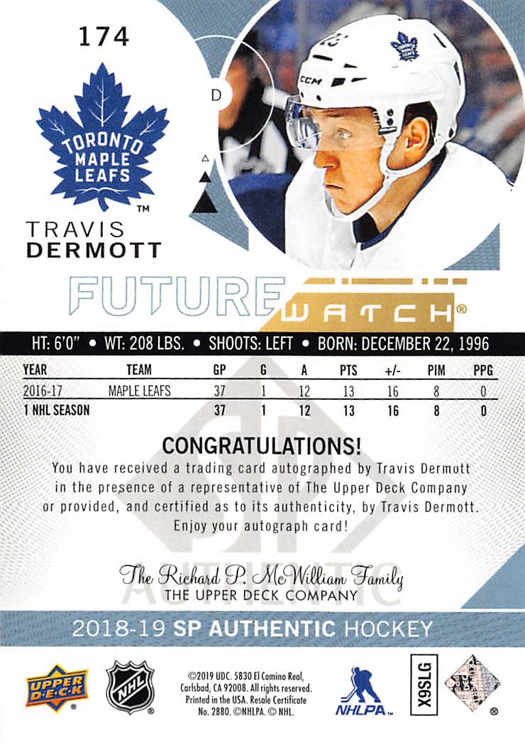 2018-19 SP Authentic Travis Dermott Future Watch Auto /999 Rookie #174