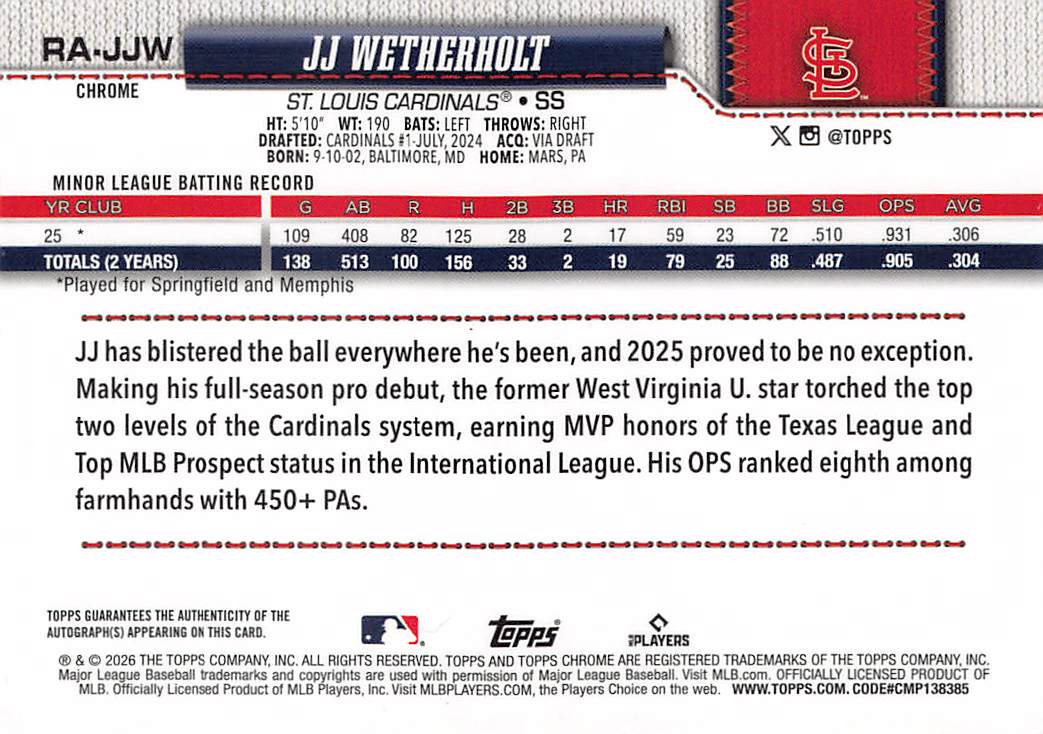 2026 Topps Chrome JJ Wetherholt Rookie Autograph RC #RA-JJW St. Louis Cardinals