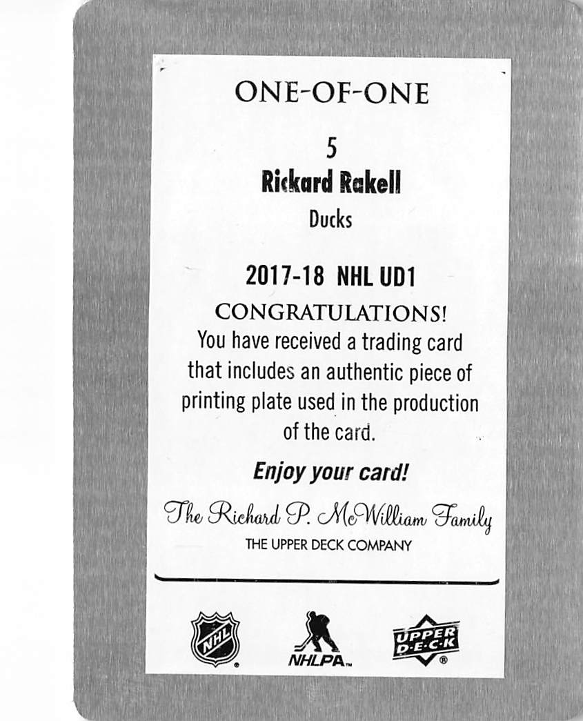2017-18 Upper Deck Series 1 Rickard Rakell Printing Plate 1-of-1 #5 Ducks