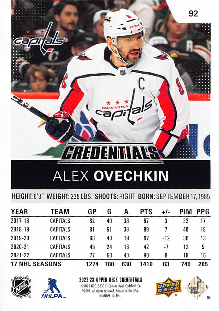 2022-23 Upper Deck Credentials Alex Ovechkin Gold /99 #92 Washington Capitals