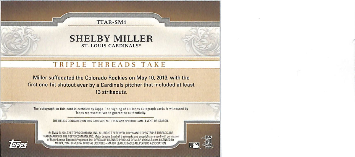 2014 Topps Triple Threads Shelby Miller /9 Autograph Patch #TTAR-SM1 Cardinals