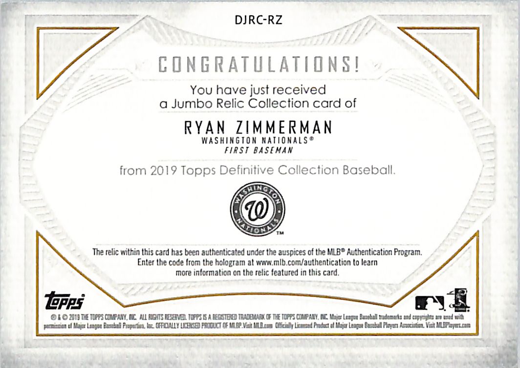 2019 Topps Definitive Collection Ryan Zimmerman /20 Relic Patch #DJRC-RZ