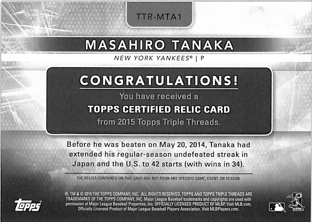 2015 Topps Triple Threads Masahiro Tanaka /36 Relic Patch #TTR-MTA1 Yankees