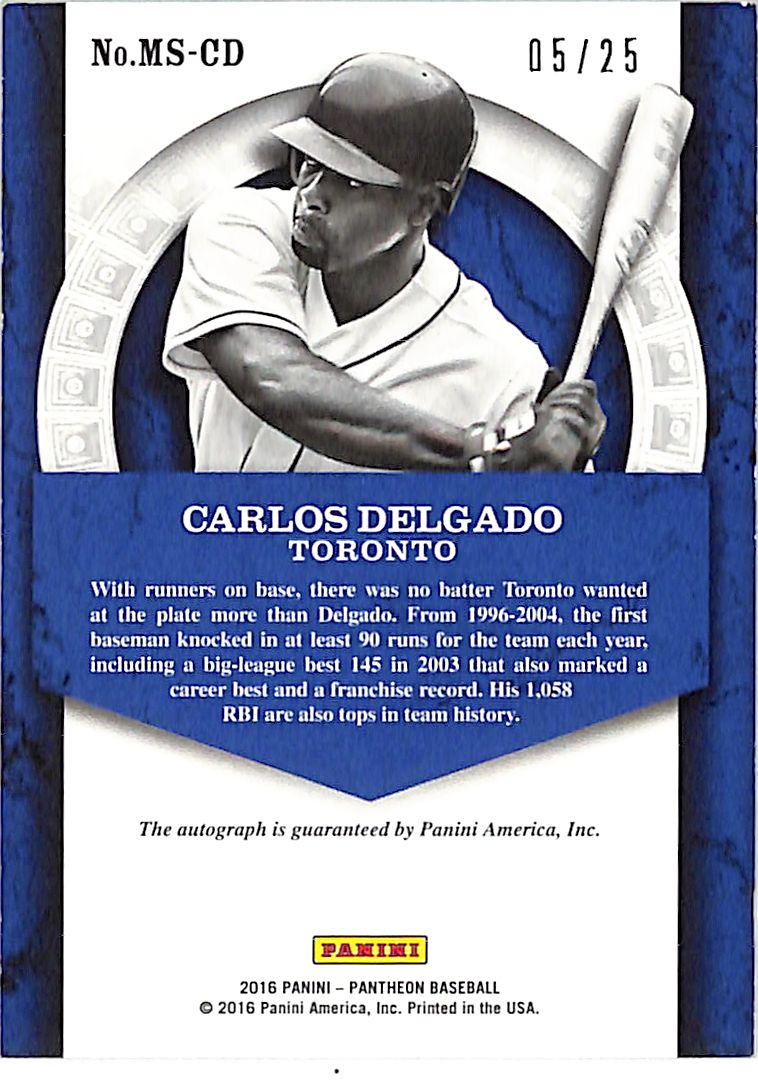 2016 Panini Pantheon Milestone Scripts Carlos Delgado Auto /25 #MS-CD Blue Jays