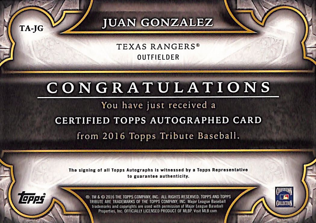 2016 Topps Tribute Juan Gonzalez Auto Autograph /199 #TA-JG Texas Rangers