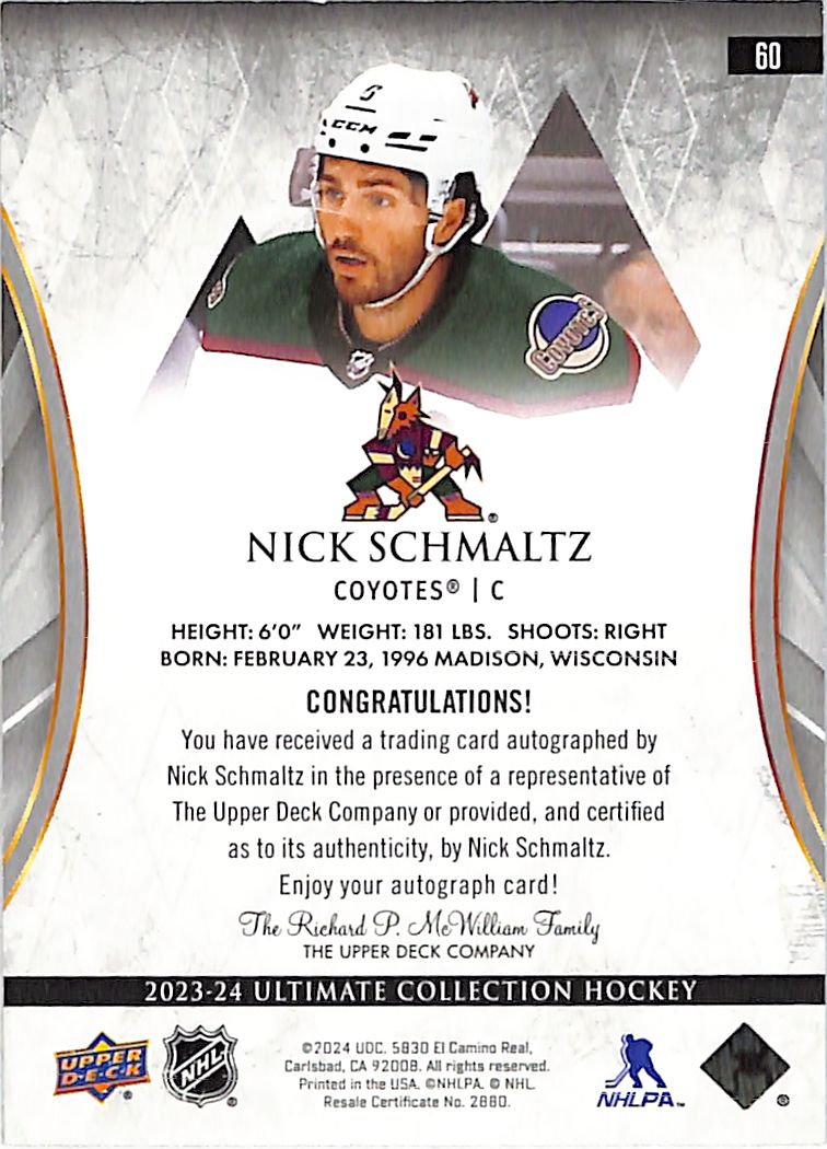 2023-24 Upper Deck Ultimate Collection Nick Schmaltz Auto Autograph #60 Coyotes