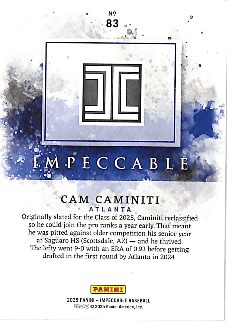 2025 Panini Impeccable Baseball Cam Caminiti Gold /10 Rookie #83 Atlanta Braves