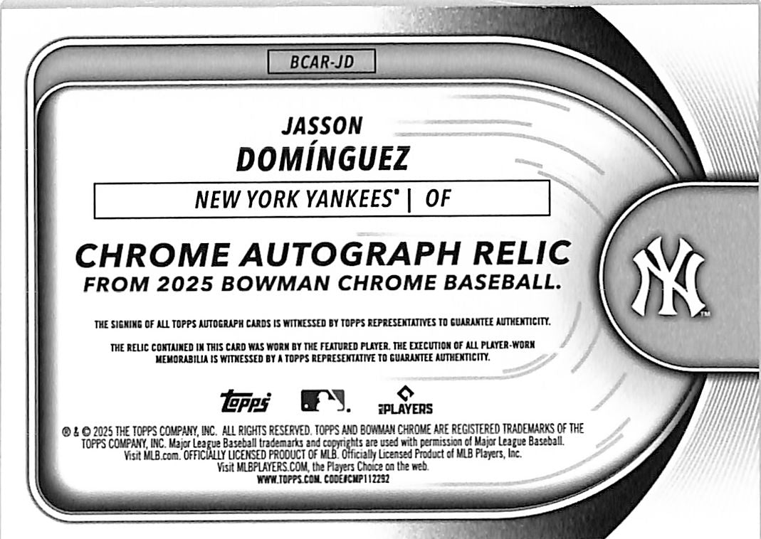 2025 Bowman Chrome Jasson Domínguez Orange /25 Autograph Relic #BCAR-JD Yankees