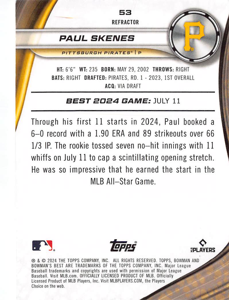 2024 Bowman's Best Paul Skenes Refractor Rookie RC #53 Pittsburgh Pirates