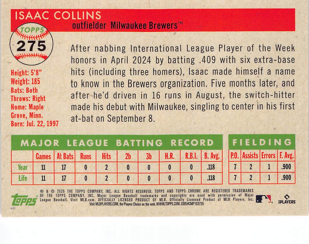 2025 Topps Platinum Chrome Isaac Collins Orange Refractor /25 Rookie RC #275