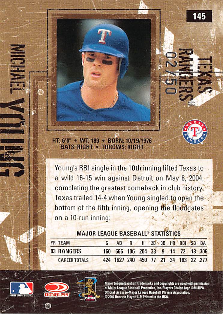 2004 Donruss Leather & Lumber Michael Young Auto Autograph /50 #145 Rangers